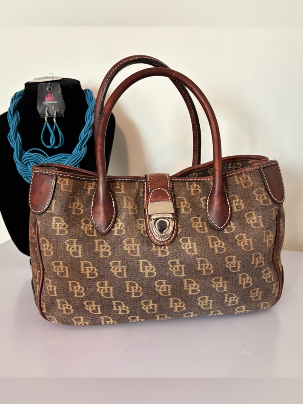 Vintage Dooney & Bourke Brown Logo-print Leather Trim Satchel